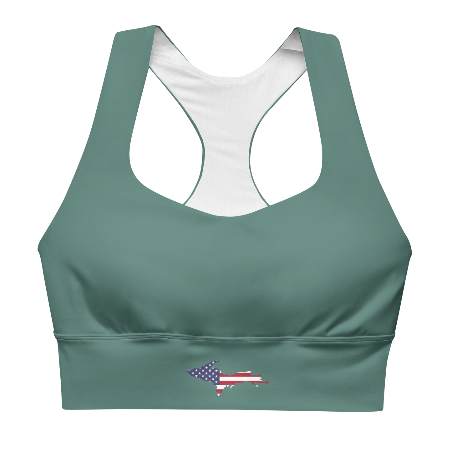 Michigan Upper Peninsula Longline Sports Bra (w/ UP USA Flag) | Copper Green