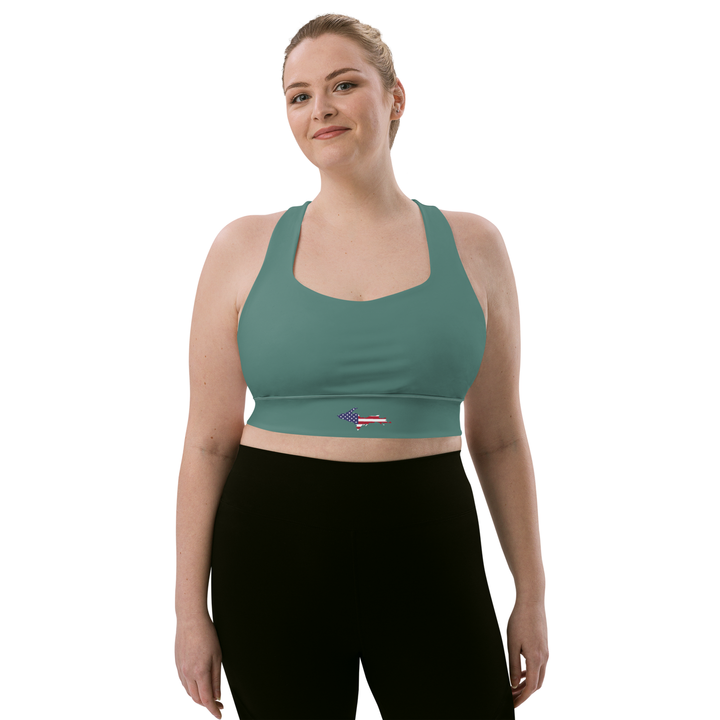 Michigan Upper Peninsula Longline Sports Bra (w/ UP USA Flag) | Copper Green