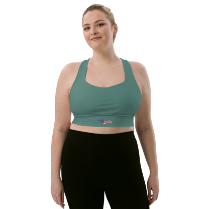 Michigan Upper Peninsula Longline Sports Bra (w/ UP USA Flag) | Copper Green