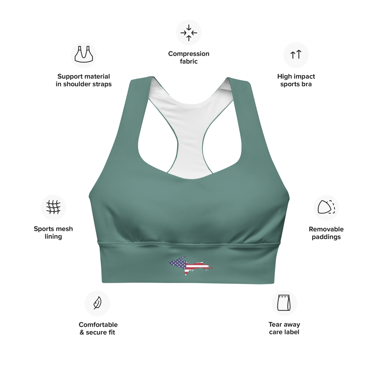 Michigan Upper Peninsula Longline Sports Bra (w/ UP USA Flag) | Copper Green