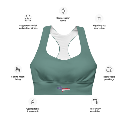 Michigan Upper Peninsula Longline Sports Bra (w/ UP USA Flag) | Copper Green