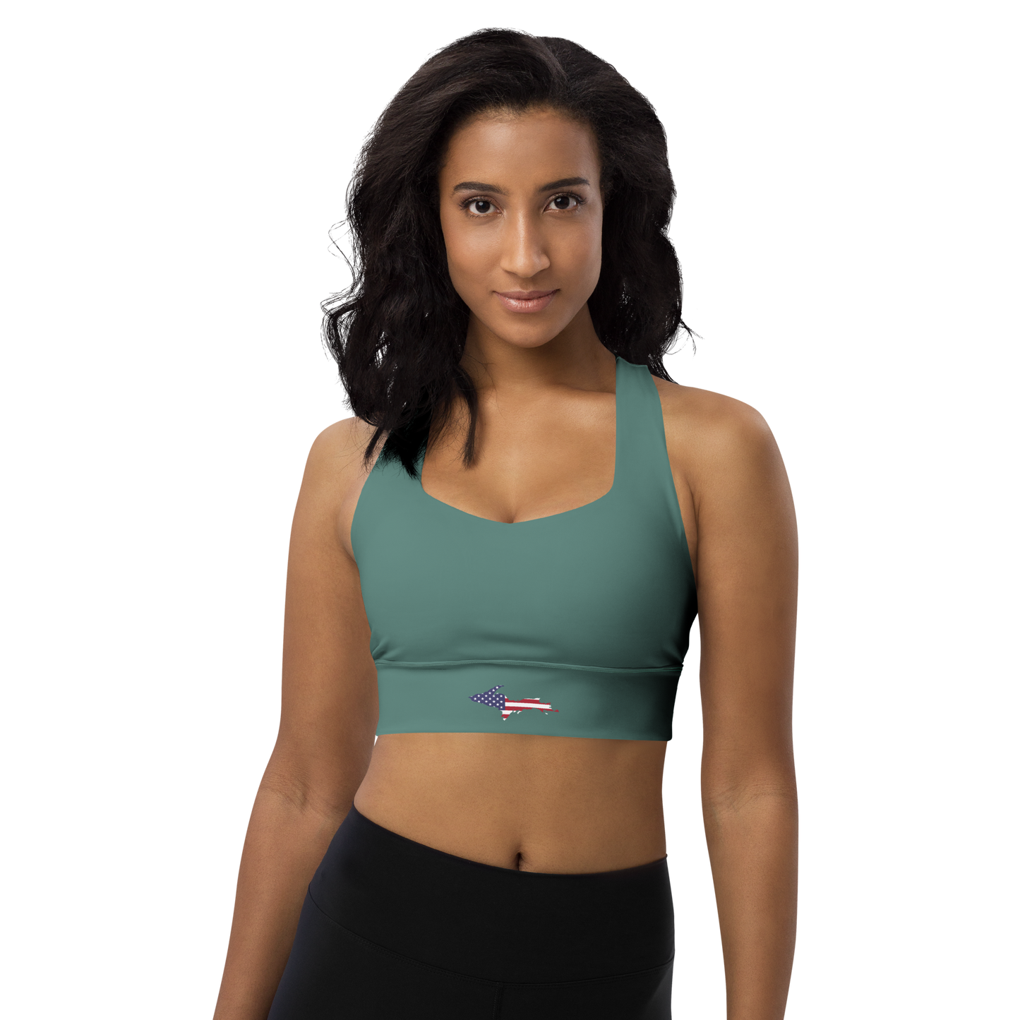 Michigan Upper Peninsula Longline Sports Bra (w/ UP USA Flag) | Copper Green