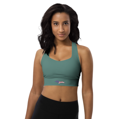 Michigan Upper Peninsula Longline Sports Bra (w/ UP USA Flag) | Copper Green