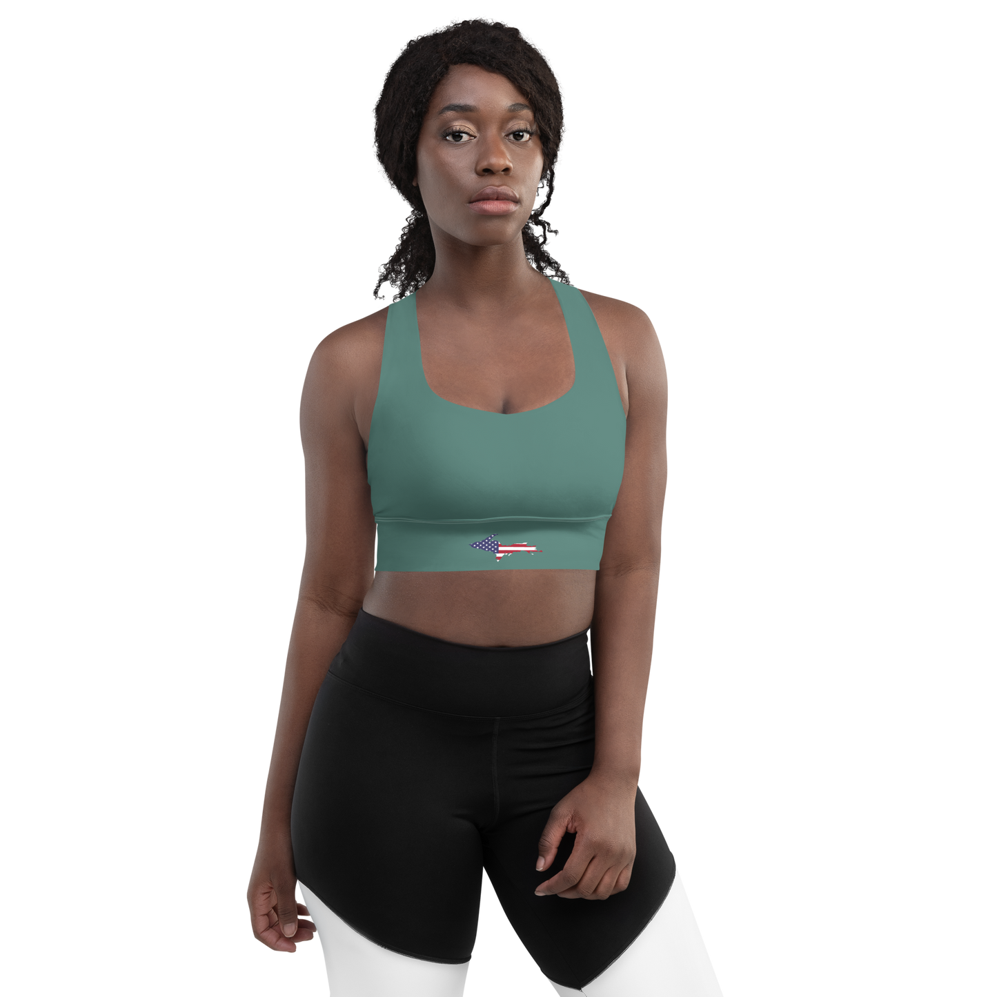 Michigan Upper Peninsula Longline Sports Bra (w/ UP USA Flag) | Copper Green