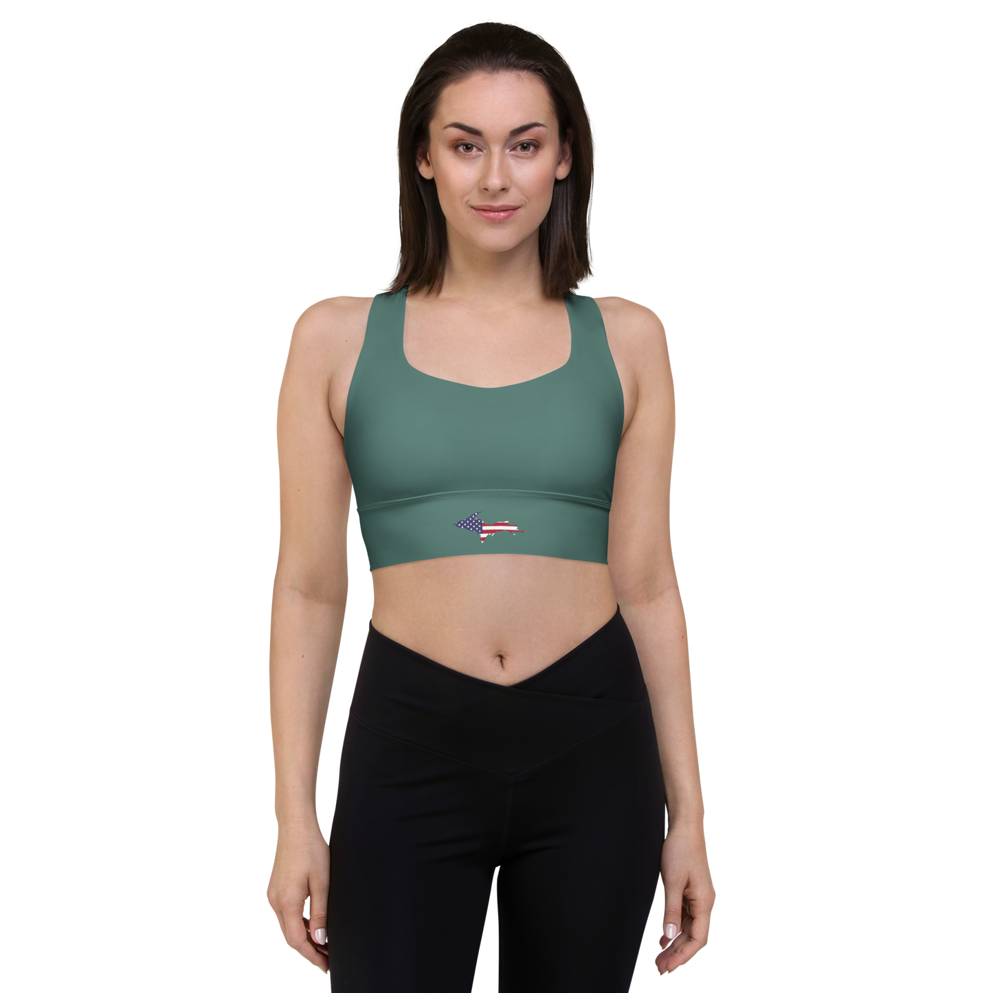 Michigan Upper Peninsula Longline Sports Bra (w/ UP USA Flag) | Copper Green