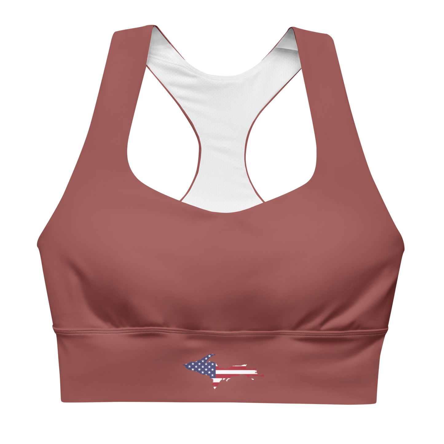 Michigan Upper Peninsula Longline Sports Bra (w/ UP USA Flag) | Ore Dock Red