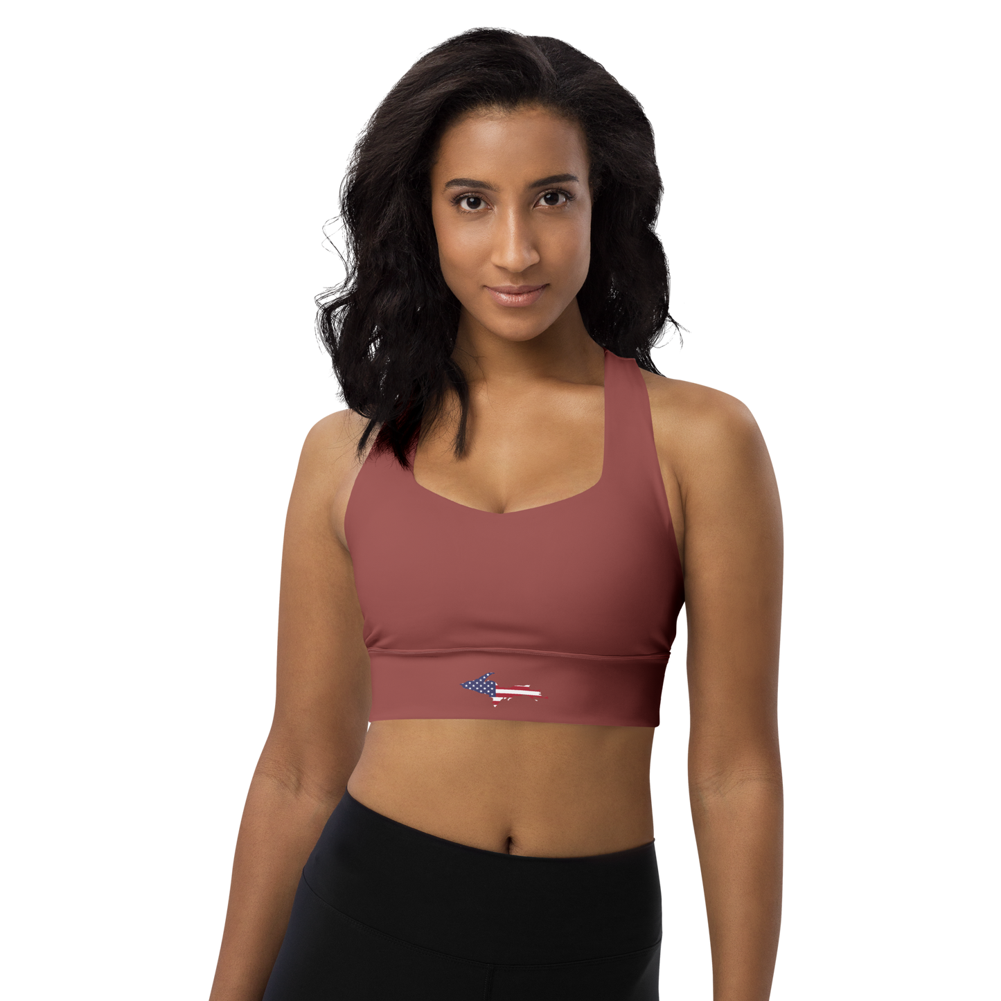 Michigan Upper Peninsula Longline Sports Bra (w/ UP USA Flag) | Ore Dock Red