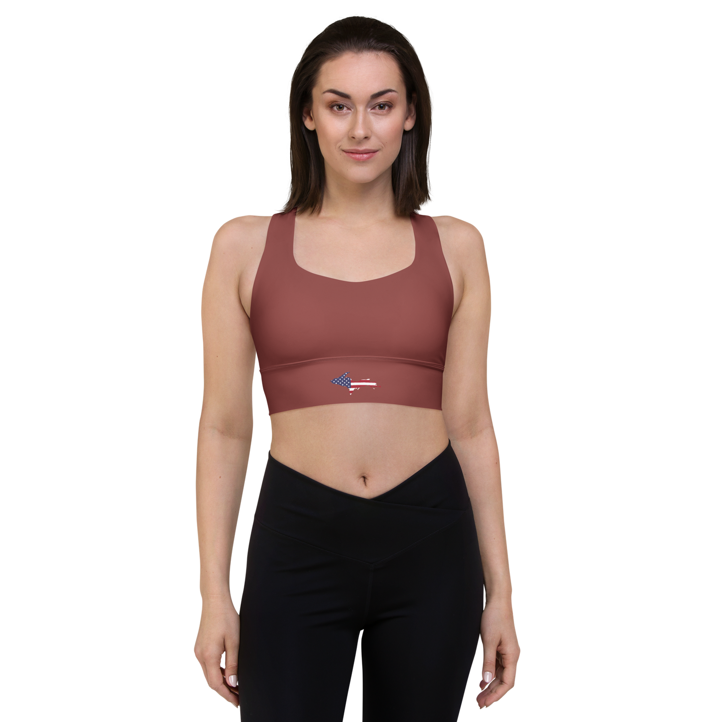 Michigan Upper Peninsula Longline Sports Bra (w/ UP USA Flag) | Ore Dock Red