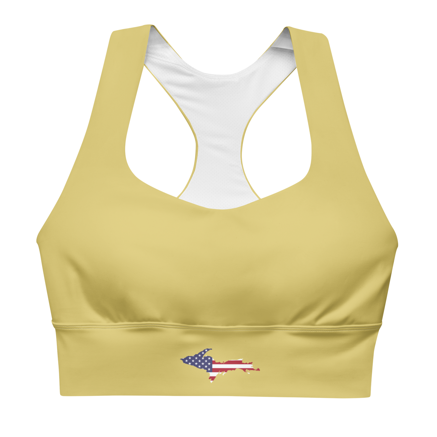 Michigan Upper Peninsula Longline Sports Bra (w/ UP USA Flag) | Plum Yellow