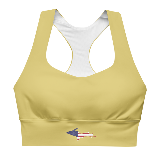 Michigan Upper Peninsula Longline Sports Bra (w/ UP USA Flag) | Plum Yellow