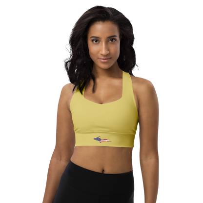 Michigan Upper Peninsula Longline Sports Bra (w/ UP USA Flag) | Plum Yellow