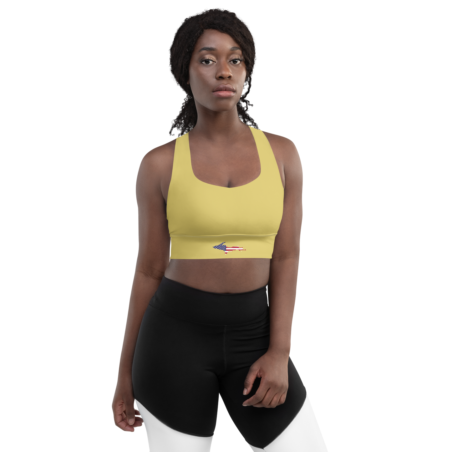 Michigan Upper Peninsula Longline Sports Bra (w/ UP USA Flag) | Plum Yellow