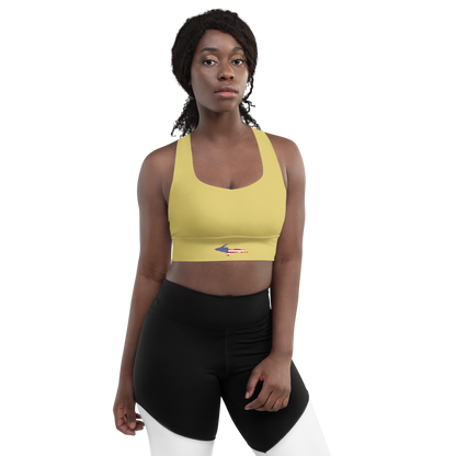 Michigan Upper Peninsula Longline Sports Bra (w/ UP USA Flag) | Plum Yellow