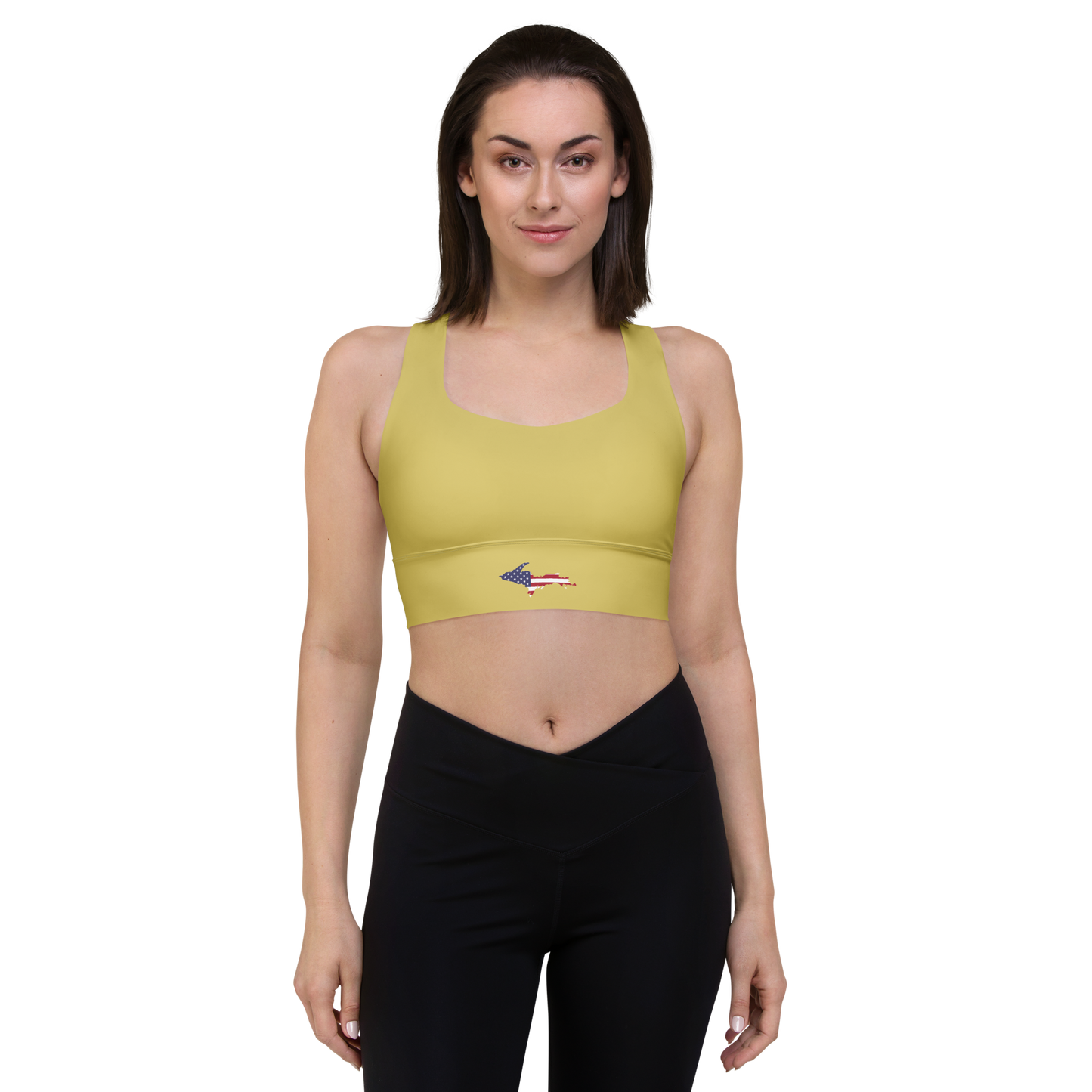 Michigan Upper Peninsula Longline Sports Bra (w/ UP USA Flag) | Plum Yellow