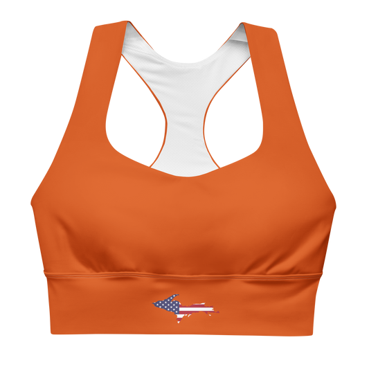 Michigan Upper Peninsula Longline Sports Bra (w/ UP USA Flag) | Maple Leaf Orange