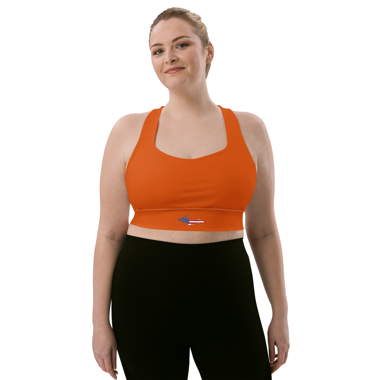 Michigan Upper Peninsula Longline Sports Bra (w/ UP USA Flag) | Maple Leaf Orange