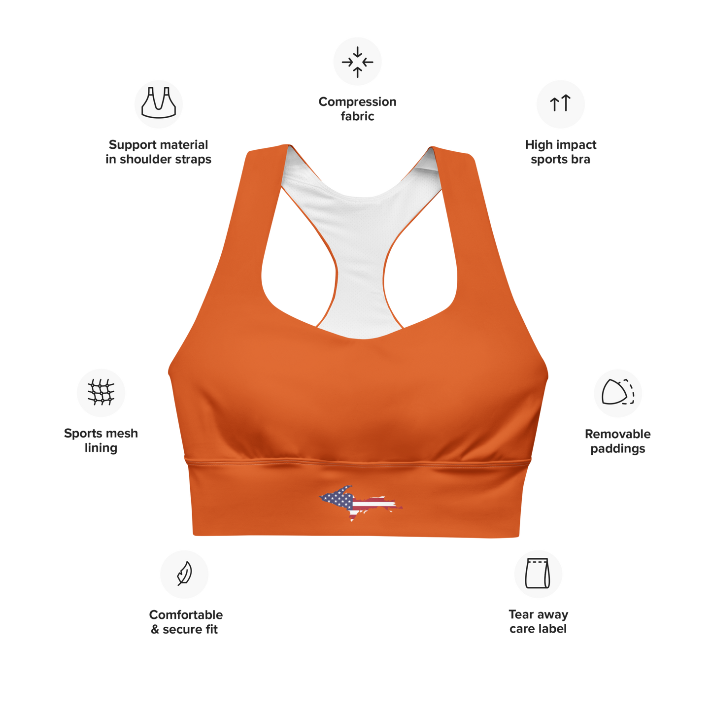 Michigan Upper Peninsula Longline Sports Bra (w/ UP USA Flag) | Maple Leaf Orange