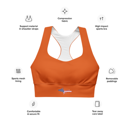 Michigan Upper Peninsula Longline Sports Bra (w/ UP USA Flag) | Maple Leaf Orange