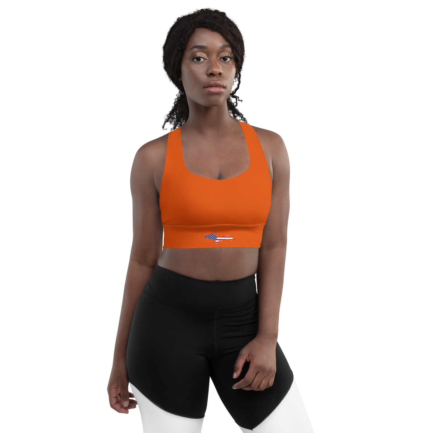 Michigan Upper Peninsula Longline Sports Bra (w/ UP USA Flag) | Maple Leaf Orange