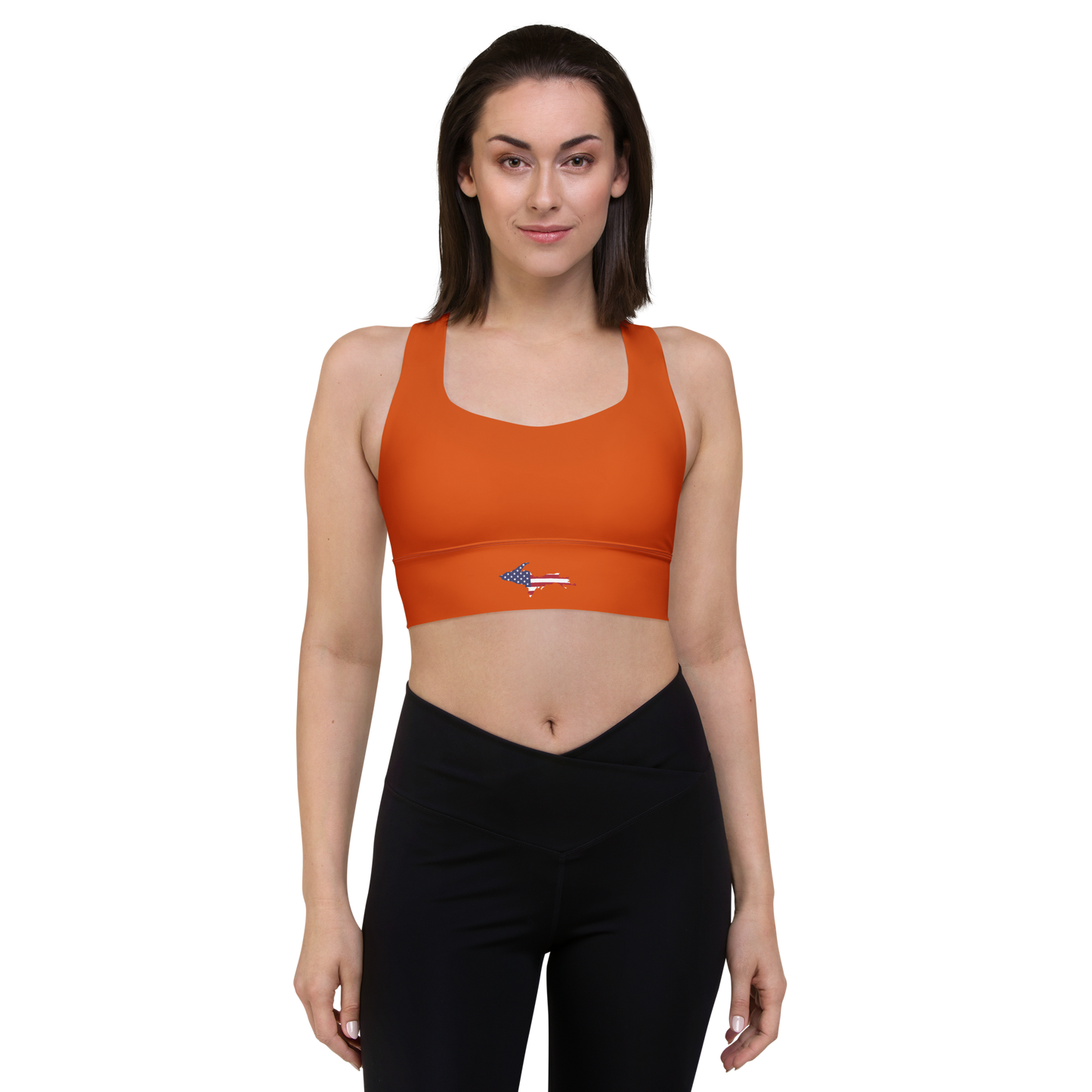 Michigan Upper Peninsula Longline Sports Bra (w/ UP USA Flag) | Maple Leaf Orange