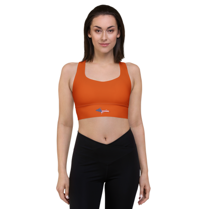 Michigan Upper Peninsula Longline Sports Bra (w/ UP USA Flag) | Maple Leaf Orange