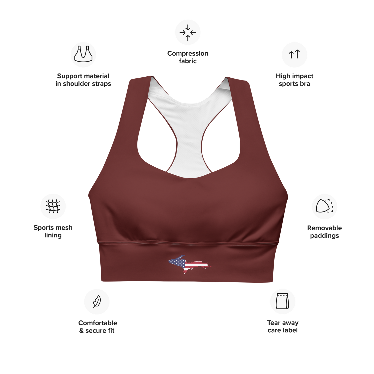 Michigan Upper Peninsula Longline Sports Bra (w/ UP USA Flag) | Cherrywood