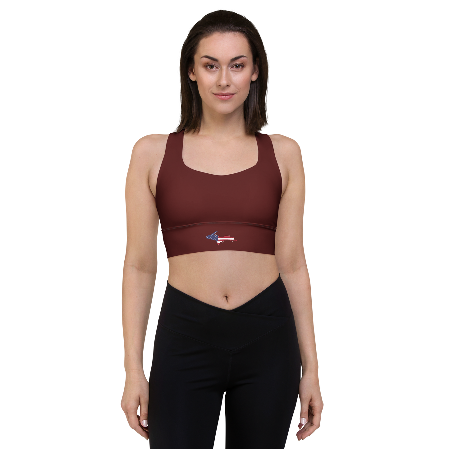 Michigan Upper Peninsula Longline Sports Bra (w/ UP USA Flag) | Cherrywood