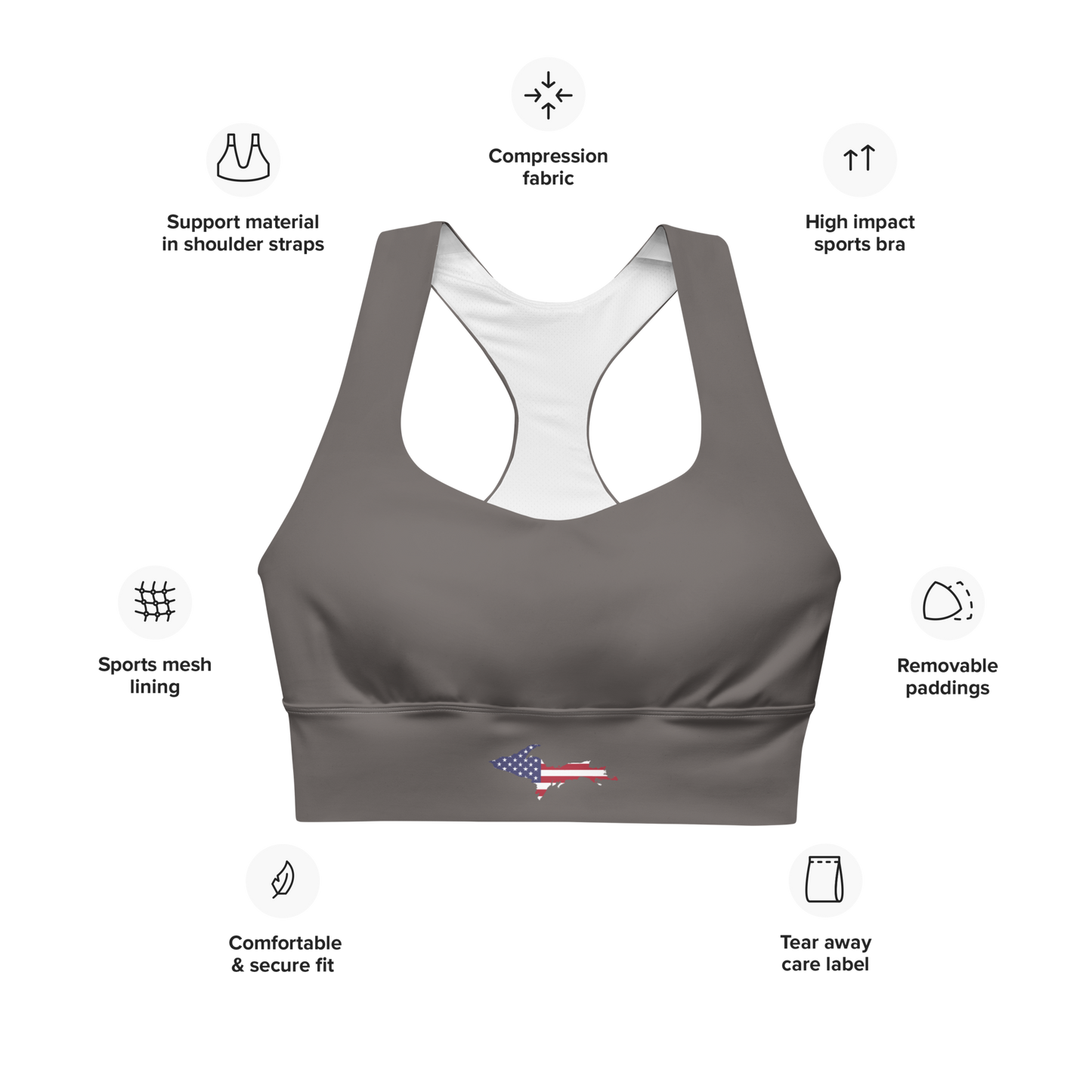 Michigan Upper Peninsula Longline Sports Bra (w/ UP USA Flag) | Warren Tank Grey