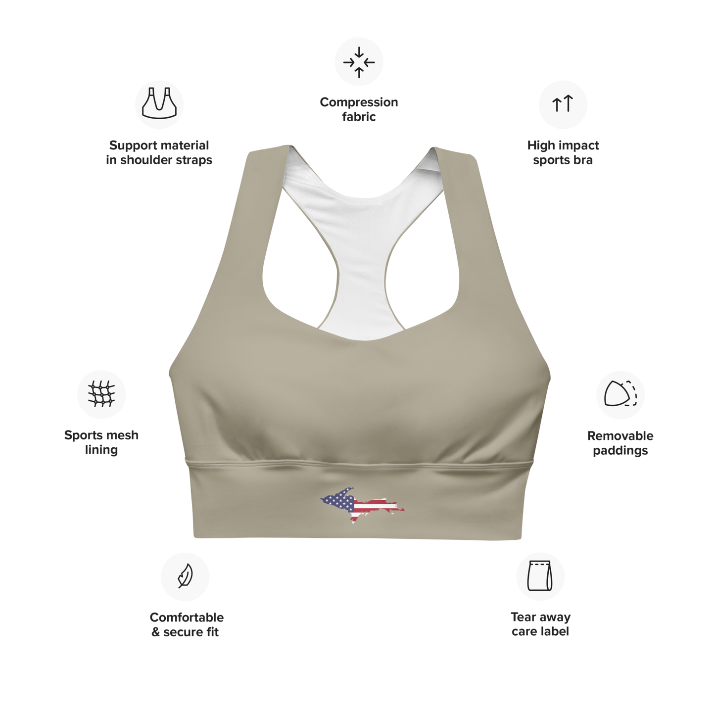 Michigan Upper Peninsula Longline Sports Bra (w/ UP USA Flag) | Petoskey Stone Beige