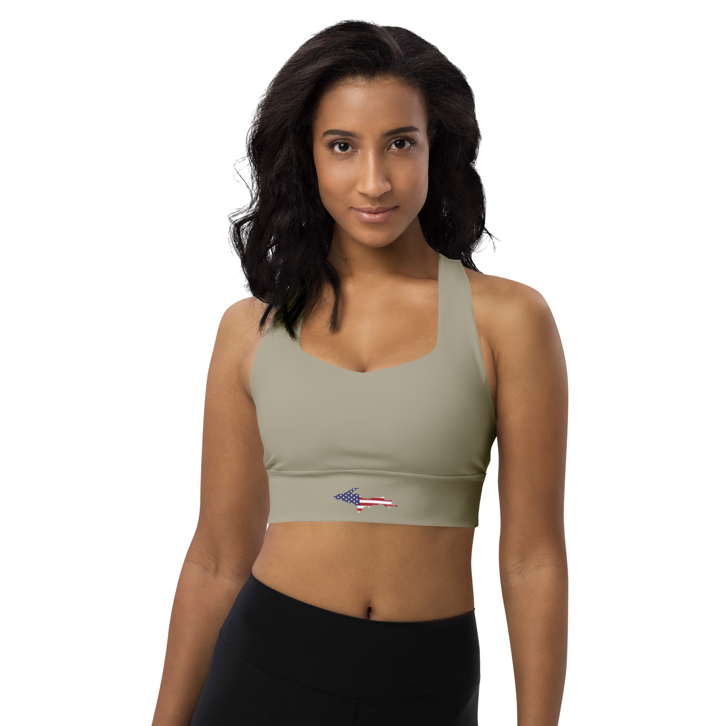 Michigan Upper Peninsula Longline Sports Bra (w/ UP USA Flag) | Petoskey Stone Beige