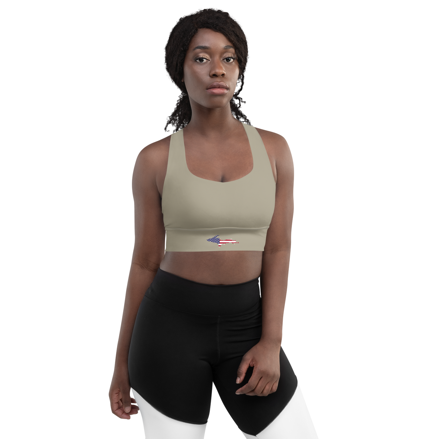 Michigan Upper Peninsula Longline Sports Bra (w/ UP USA Flag) | Petoskey Stone Beige