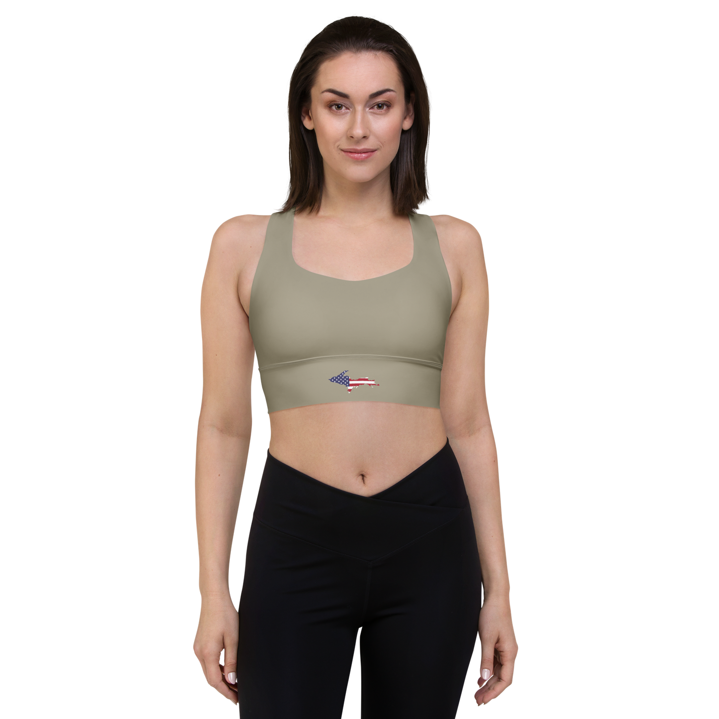 Michigan Upper Peninsula Longline Sports Bra (w/ UP USA Flag) | Petoskey Stone Beige