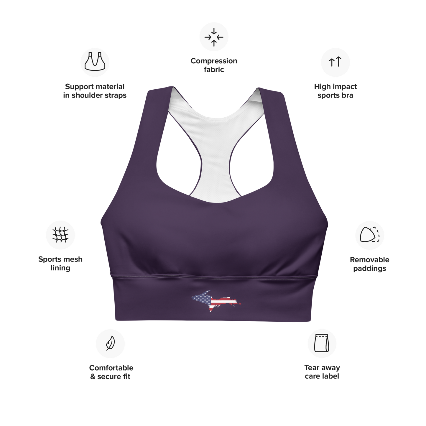 Michigan Upper Peninsula Longline Sports Bra (w/ UP USA Flag) | Blackcurrant