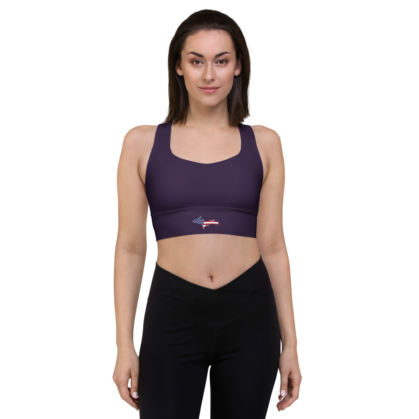 Michigan Upper Peninsula Longline Sports Bra (w/ UP USA Flag) | Blackcurrant