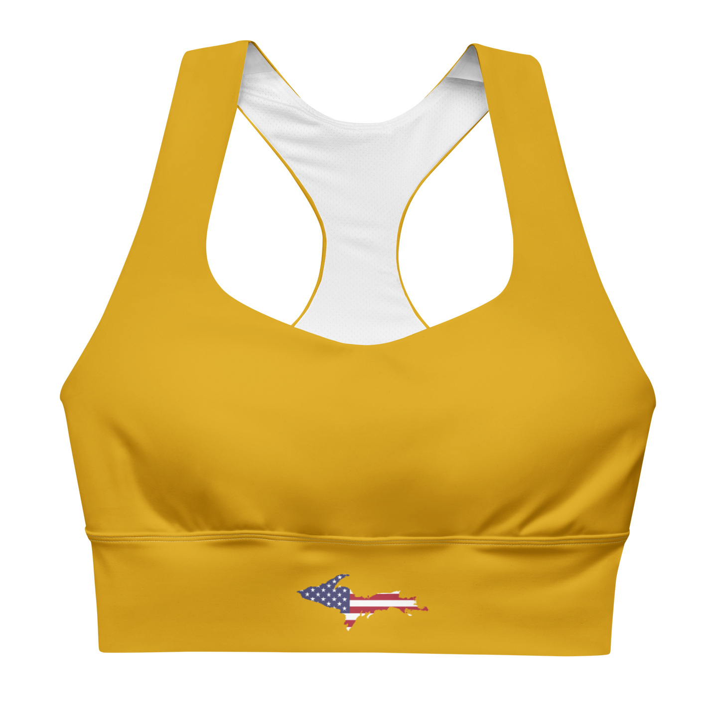 Michigan Upper Peninsula Longline Sports Bra (w/ UP USA Flag) | Gold