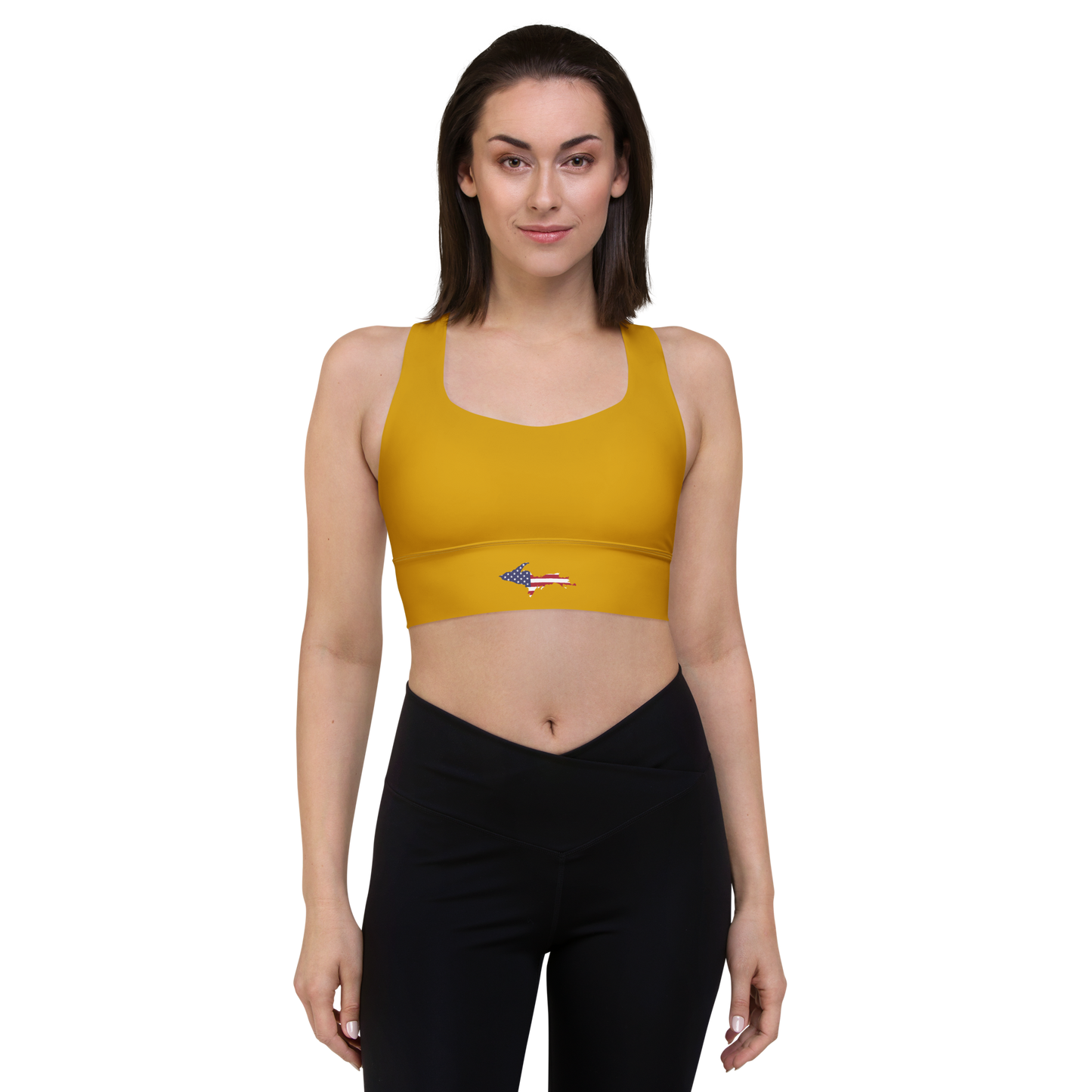 Michigan Upper Peninsula Longline Sports Bra (w/ UP USA Flag) | Gold