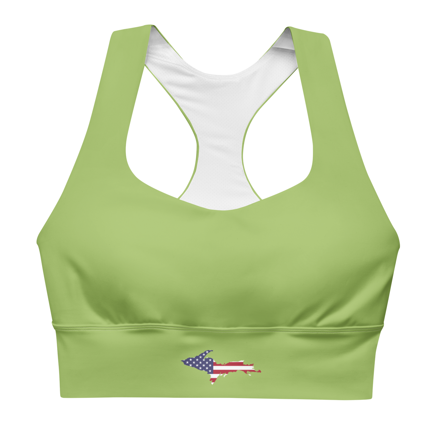 Michigan Upper Peninsula Longline Sports Bra (w/ UP USA Flag) | Gooseberry Green