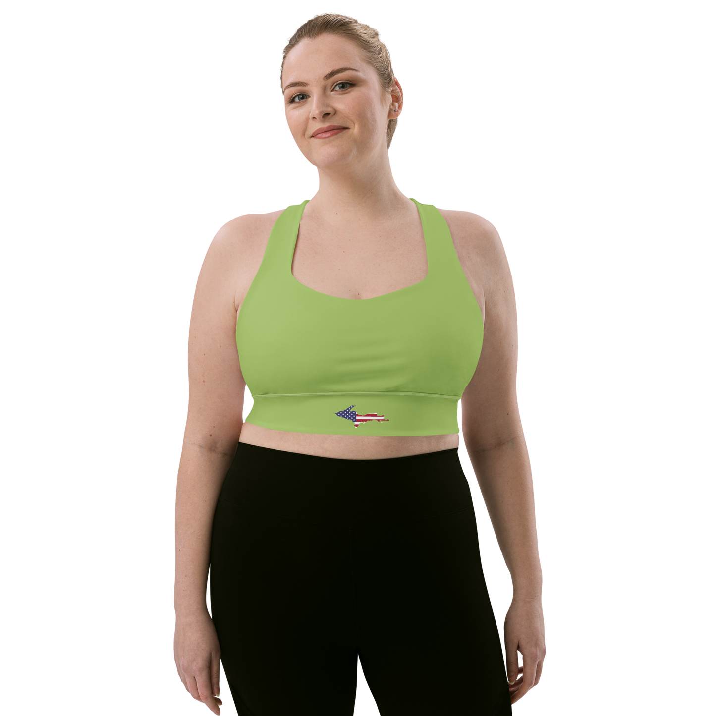 Michigan Upper Peninsula Longline Sports Bra (w/ UP USA Flag) | Gooseberry Green