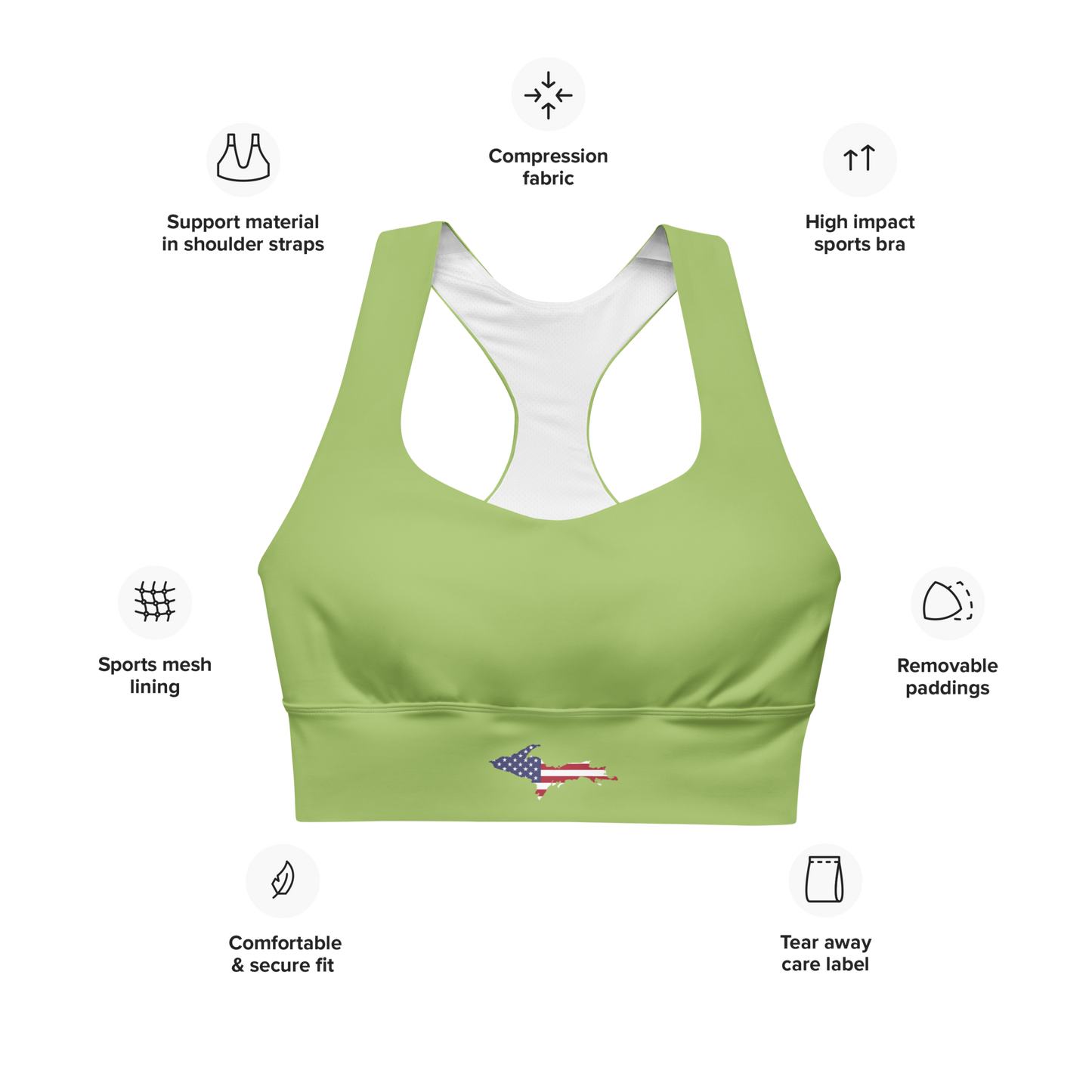 Michigan Upper Peninsula Longline Sports Bra (w/ UP USA Flag) | Gooseberry Green