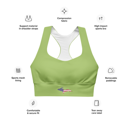 Michigan Upper Peninsula Longline Sports Bra (w/ UP USA Flag) | Gooseberry Green