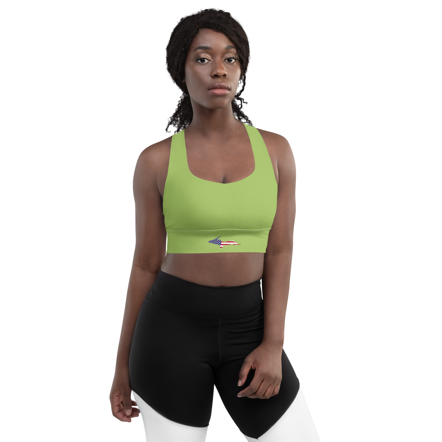 Michigan Upper Peninsula Longline Sports Bra (w/ UP USA Flag) | Gooseberry Green