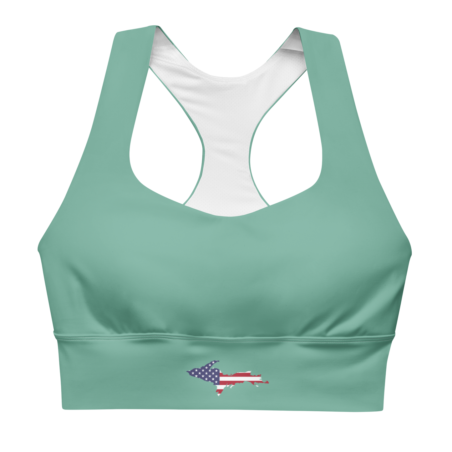 Michigan Upper Peninsula Longline Sports Bra (w/ UP USA Flag) | Tea Green