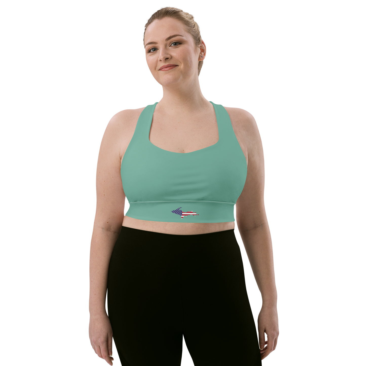 Michigan Upper Peninsula Longline Sports Bra (w/ UP USA Flag) | Tea Green