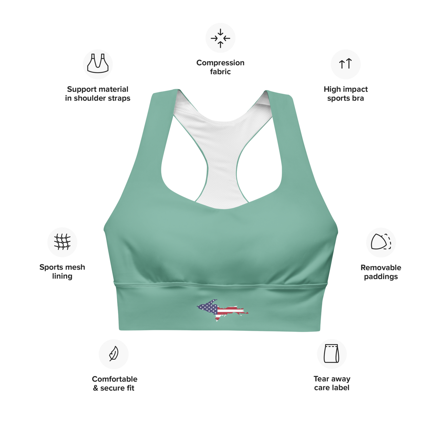 Michigan Upper Peninsula Longline Sports Bra (w/ UP USA Flag) | Tea Green