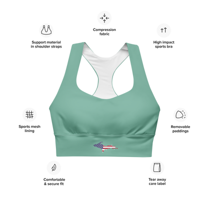 Michigan Upper Peninsula Longline Sports Bra (w/ UP USA Flag) | Tea Green