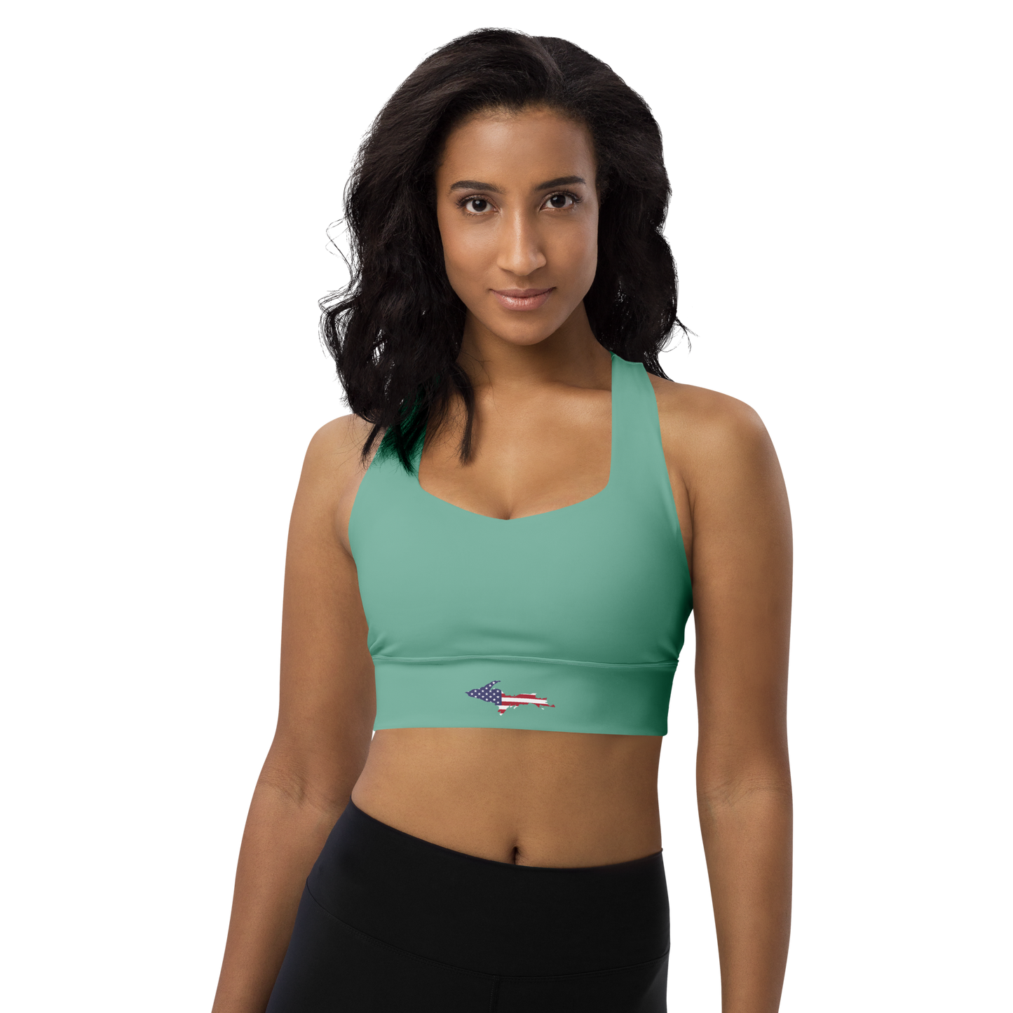 Michigan Upper Peninsula Longline Sports Bra (w/ UP USA Flag) | Tea Green