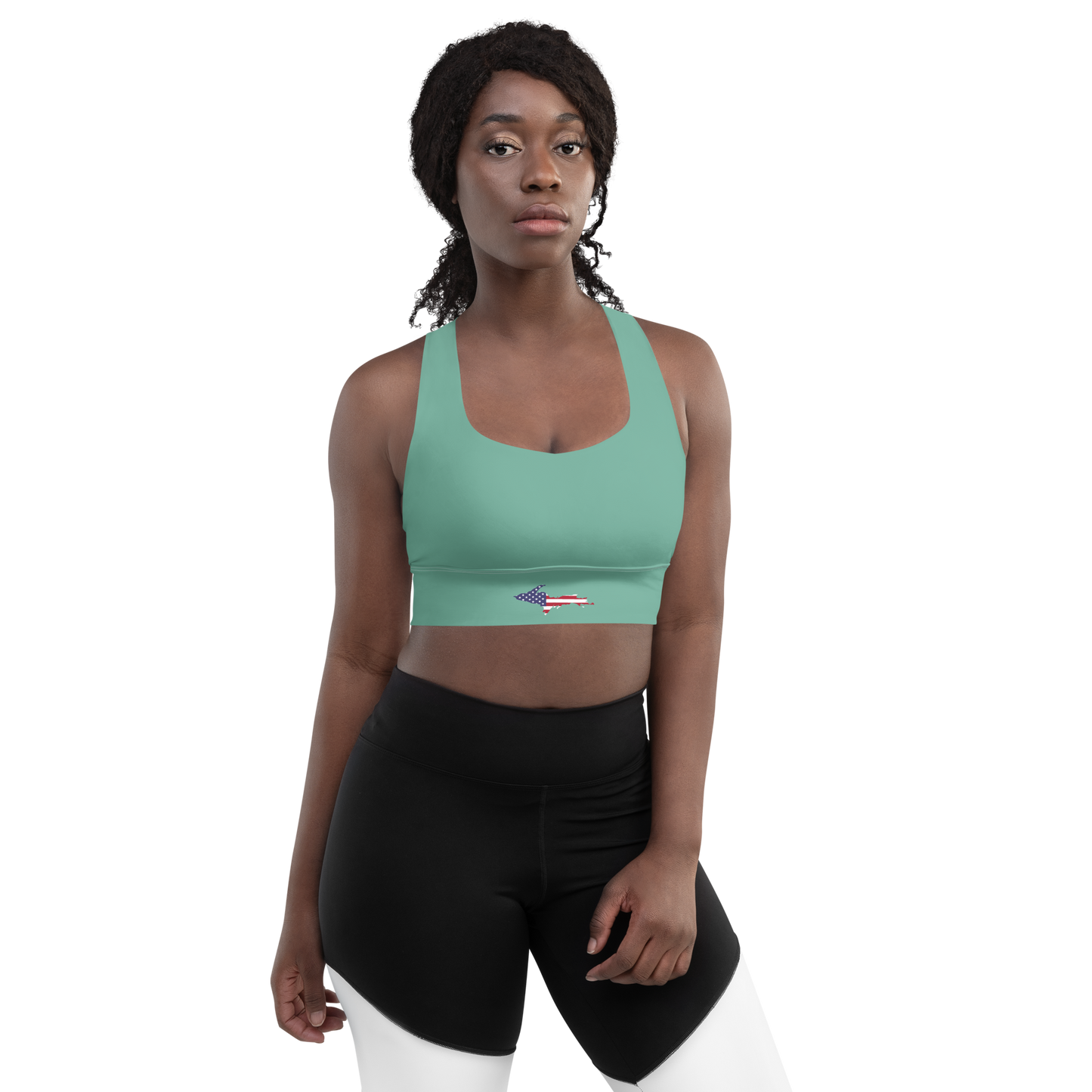 Michigan Upper Peninsula Longline Sports Bra (w/ UP USA Flag) | Tea Green