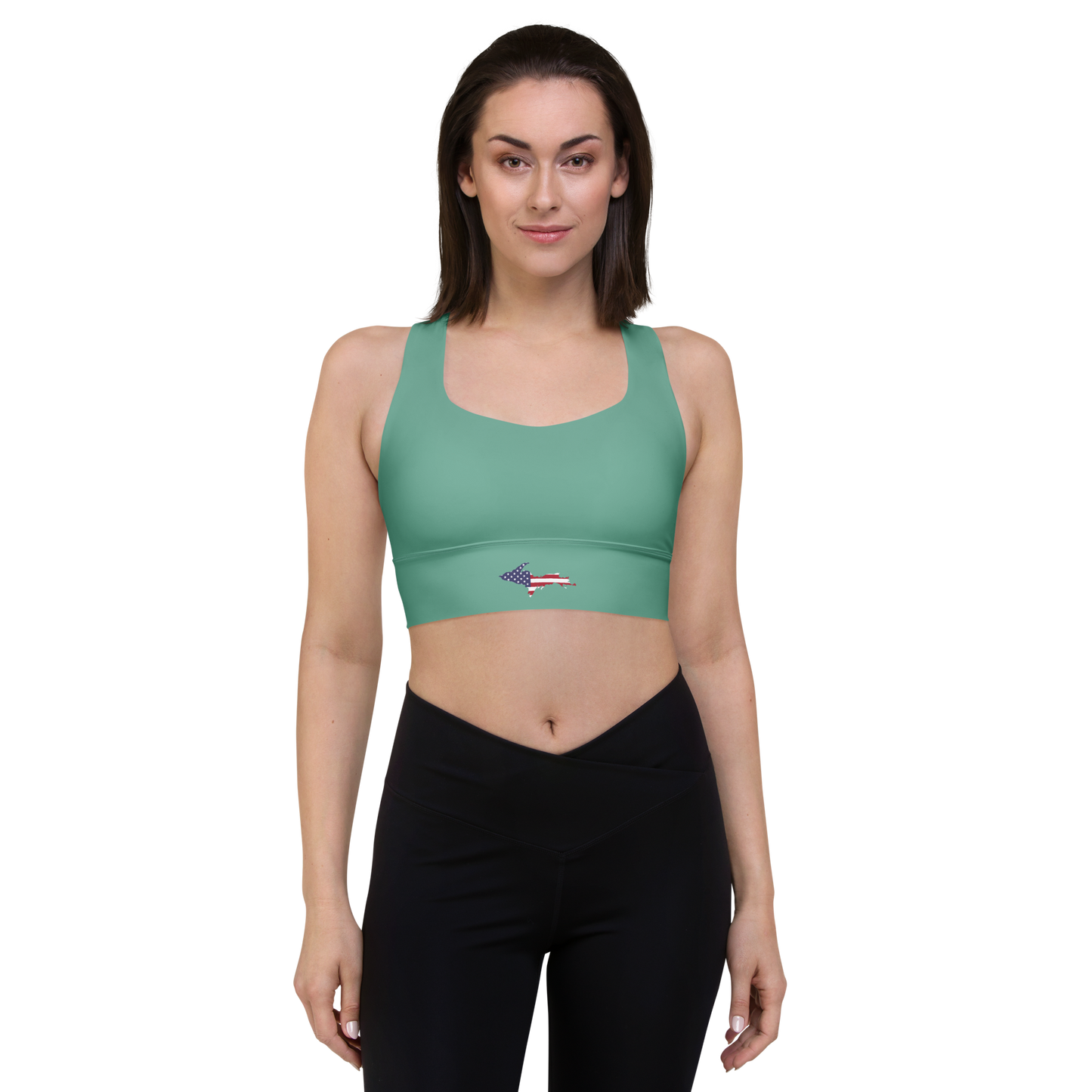 Michigan Upper Peninsula Longline Sports Bra (w/ UP USA Flag) | Tea Green