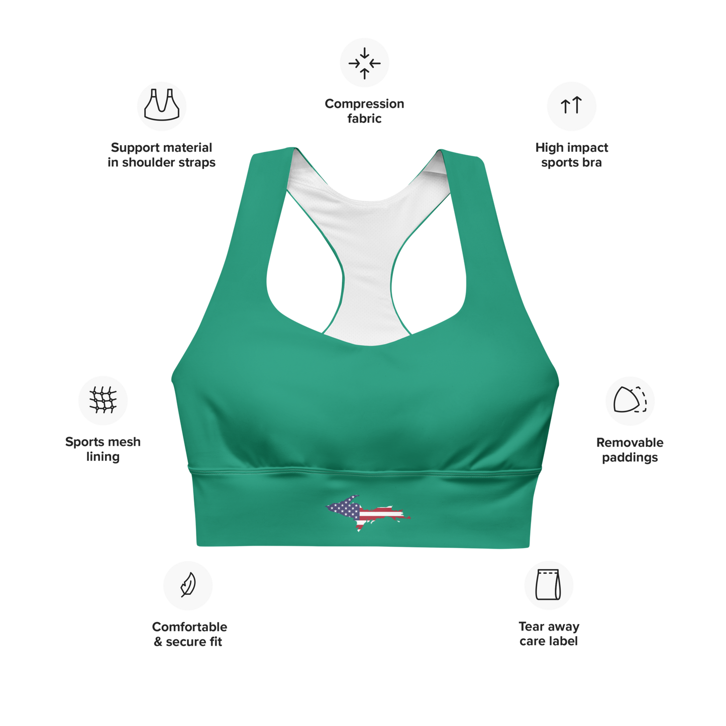 Michigan Upper Peninsula Longline Sports Bra (w/ UP USA Flag) | Emerald Green