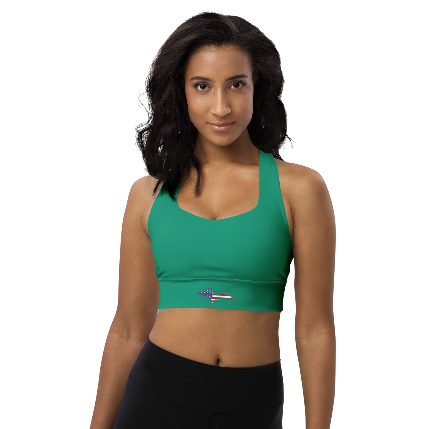 Michigan Upper Peninsula Longline Sports Bra (w/ UP USA Flag) | Emerald Green